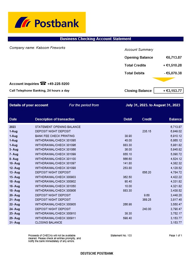 Modèle Word et PDF de relevé de compte courant d'entreprise de la Deutsche Postbank